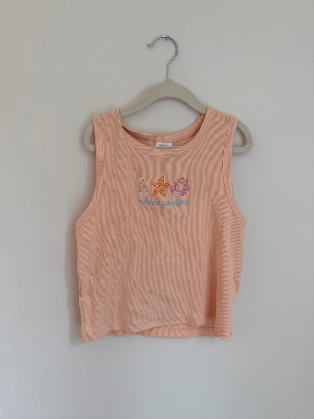 Zara Sleeveless Peach Beach Graphic Tank (Size 13-14)